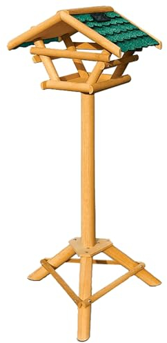 Vogelfutterhaus Tirol Vogelhaus mit integrierter Solar LED-Beleuchtung - Wetterbeständiges Futterhaus - Holzdesign in Grün/Braun - Maße: 30 x 22 x 21 cm, Höhe: 120 cm
