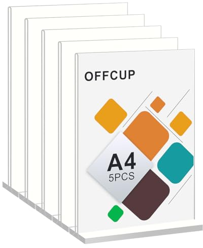 OFFCUP Acryl Display Ständer, 5 Stück Acryl Tischaufsteller A4, T-Ständer Aufsteller Doppelseitiger Vertikaler Tischaufsteller Ständer Menükartenhalter für Restaurants, Cafés, Büros, Fotos
