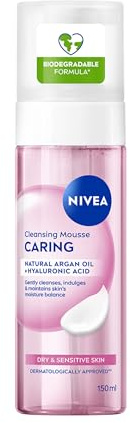 NIVEA Mousse Detergente Viso Nutriente 150 ml, Schiuma detergente viso con Olio di Argan e Acido Ialuronico idratanti e lenitivi, Foaming cleanser per una skincare per pelle secca e sensibile
