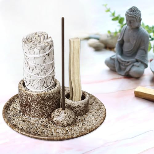 4 in 1 Räucherschale für jedes Räucherwerk, Räucherstäbchen, Palo Santo, Weißer Salbei, Räucherstäbchen und Kerzenhalter, Keramik Aschefänger Tablett für Meditationsraum Yoga (Hellbraun)