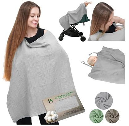 KreativeHome Nursing Cover for Baby Breastfeeding - Muslin 100% Cotton with Adjustable Strap, Breathable, Soft, Comfy Lightweight, Breast Feeding Cover for Mum Privacy (Light Grey)