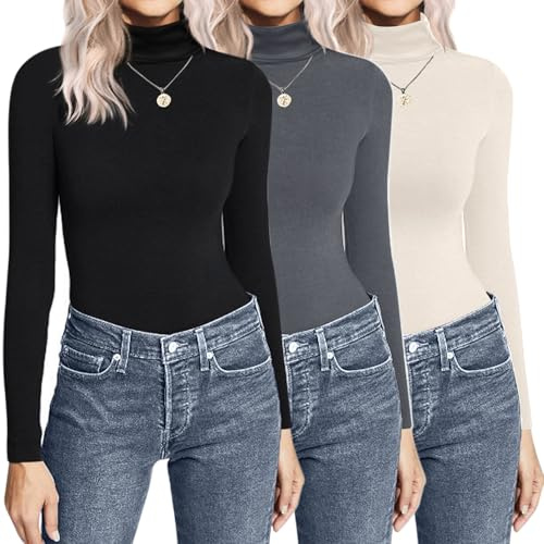Ekouaer sous Vetement Thermique Femme Haut Thermique col Roulé Manches Longues Chauds Léger sous Pull Thermique Hiver, Noir/Gris/Crème, S