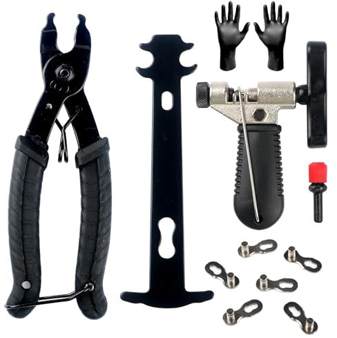 WYTNB 3Pcs Outil de Chaîne de Vélo Universel Set, Outil de Démontage de Maillons de Chaîne Portable, Indicateur d'usure de Chaîne avec Gants 3 Paires de Manquant de Lien pour 6 7 8 9 10 Vitesses