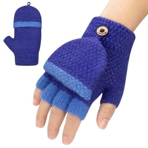 Kiiwah 1P Kid PS Flip Gloves-S-BE Fingerhandschuhe Kinder mit Kappe, Winter Handschuhe Fingerlose für Mädchen Jungen 3-10 Jahren, Warme Kinderhandschuhe Stricken (Blau)