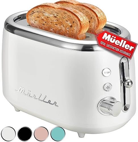 MUELLER HOME Retro Toaster 2 Slice, 7 Browning Levels, 3 Functions (Reheat, Defrost, Cancel), Stainless Steel Features, Removable Crumb Tray, Under Base Cord Storage, White Toaster Kitchen Appliances