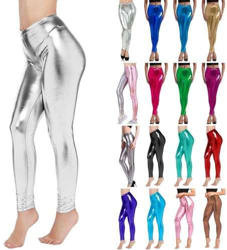 Women's Leggings Silver Metallic Shiny Trousers 80s with High Waist Shiny Leggings Party Skirt Dance Disco Costume Carnival Space Metallic Glitter Trousers Golden Leggings, @-Silver, XL
