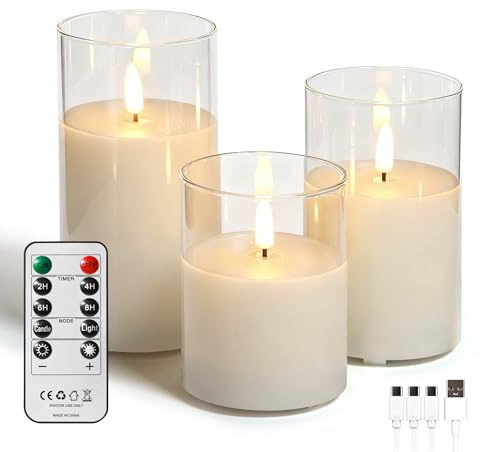 FREEPOWER Set di 3 candele a LED in vera cera, con telecomando e timer, luce bianca calda tremolante, ricaricabili tramite cavo USB, senza fiamma, vetro bianco, diametro 7,5 x 10/12,5/15 cm