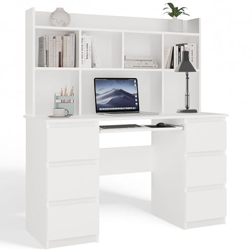 CDF Scrivania con Libreria Superiore 6 Cassetti Ripiano Tastiera, Tavolo Lavoro PC Computer Bianco Moderno per Camera Ragazzi Studio Ufficio Smart Working Aesthetic, Dimensioni 130x51x146 cm, 48 kg