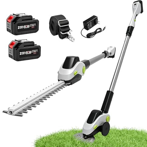 Tagliasiepi a Batteria e Erba 2 in 1, Tagliaerba Elettrico con Manico Telescopico, Forbici a Bateria con 2 Batterie e Caricatore per Diserbare, Potare Gli Alberi