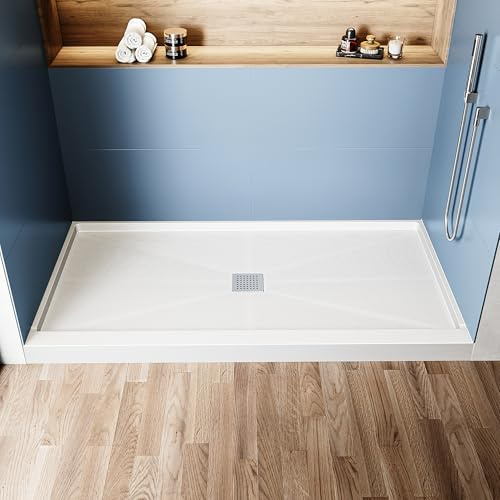 AquivaCoast 60 L X 32 W X 4 H Shower Base with Center Drain, Single Threshold Rectangle SMC Shower Pan, 304 Stainless Steel Shower Drain Cover Included, Easy Installation