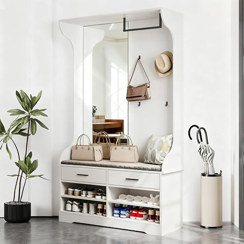 BursDany - Juego de vestuario 5 en 1 con espejo – Perchero blanco multifuncional con 4 percheros, barra para ropa, armarios para zapatos y banco, mueble de entrada (104 x 35 x 180 cm)
