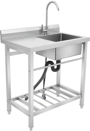 Lavello da cucina a vasca, 85 x 55 x 32 cm, per ristoranti, ristoranti, portata 100 kg, autoportante, con rubinetto a 360°, per ristoranti, caffè, cucina, stazione di pulizia