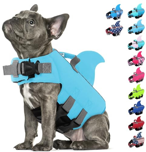 SUNFURA Dog Life Jacket Shark Life Vest for Dogs, Adjustable Swmming Vest with High Buoyancy, Safety Lifesaver with Rescue Handle for French Bulldog Small Medium Breeds, Blue M