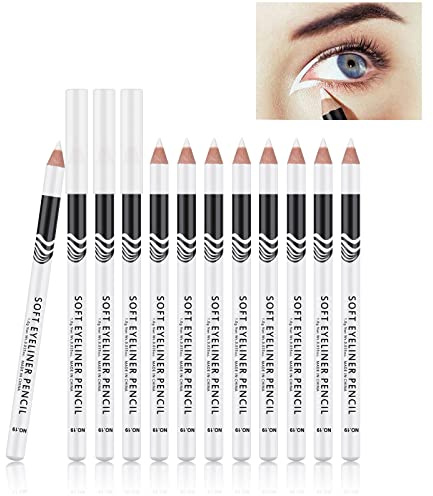 FREEORR 12 Packs Professional Highlighter Eye Liner Pen, White Eyeliner Pencil, Waterproof Long Lasting Eye Brighten