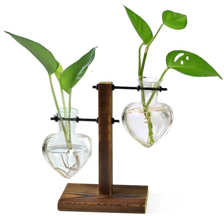 XXXFLOWER Plant Terrarium Wooden Stand, Hydroponic Planter Bulb Glass Metal Swivel Holder Retro Air Plants Water Plants for Home Office Decoration,Gifts for Plant Lover Wife Mom- 2 Love Bulb Vase