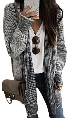 Sidefeel Cardigan Sweaters for Women Long Sleeve Open Front Chunky Knit Fall Outfits Oversized Long Cardigans Trendy Checkered Sweaters Winter Coats Gray Small