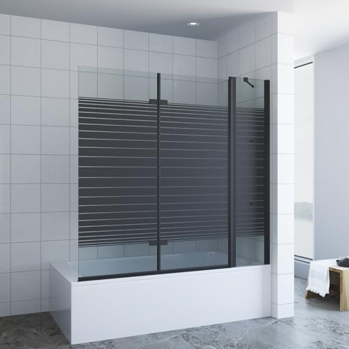 Duschabtrennung Badewanne schwarz 150 x 140 cm Badewannenaufsatz 3 Teilig faltbar Duschtrennwand Faltwand Badewannenfaltwand Duschwand Glas Dusche Festteil mit Eckregale 5 mm Sicherheitsglas ESG NANO