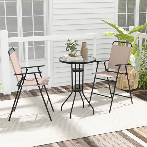 GIANTEX Juego de Bistró, Mesa Redonda Alta con Tablero de Vidrio y 2 Sillas Plegables, Tejido Transpirable, Conjunto de Muebles para 2 Personas, para Balcón, Terraza, Jardín (Sin Sombrilla)
