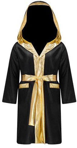 Yruioon Jungen Boxer Mantel Kickboxer Robe Langarm Boxermantel Jacke mit Kapuze Gürtel Boxkampf Mantel Boxer Sport Training Schwarz 134-140