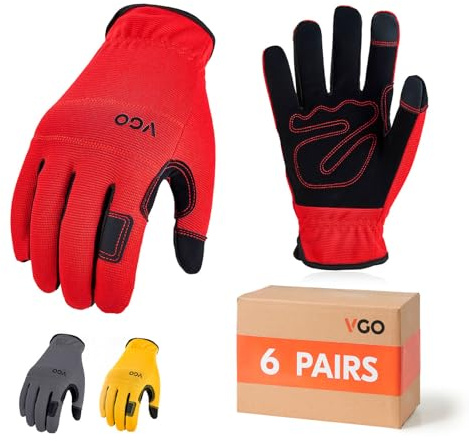 Vgo... 6Paires de gants de travail de sécurité pour homme, gants de maçon, gants de jardinage, gants de mécanicien pour travaux légers (Rouge+Jaune+Gris,NB7581)
