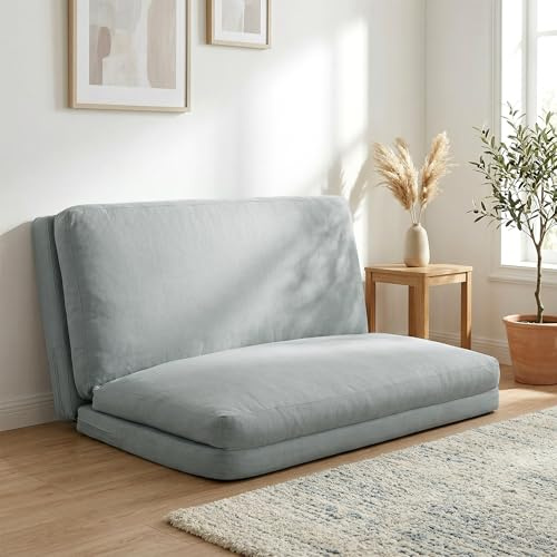 HOMCOM Canapé lit Convertible 2 Places, canapé de Sol, Matelas Pliable en 4 Parties, Tissu Aspect Lin, Longueur 137 cm, Charge 240 Kg, pour Salon Chambre et Bureau, Gris Clair