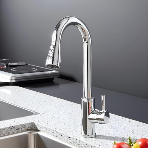 JUNSOTTOR Kitchen Tap Kitchen Mixer Taps with Pull Out Sprayer Swivel Single Handle High Arc Pull Down Stainless Steel Sink Faucet Polished Chrome