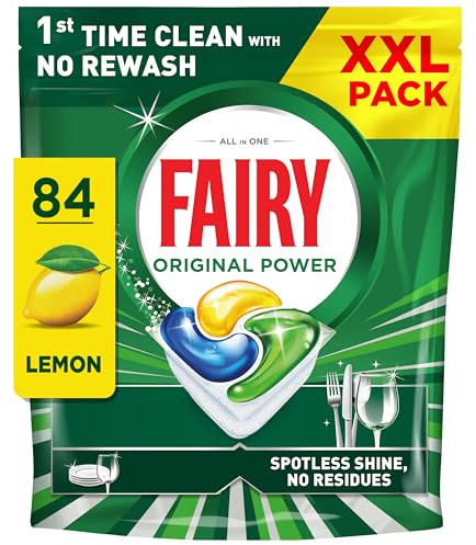 Fairy Original Power Dishwasher Tablets Lemon, 84 Capsules, 1st Time Cleaning Action with No Rewash, Effective on 100% Grease, Spotless Shine without Residues