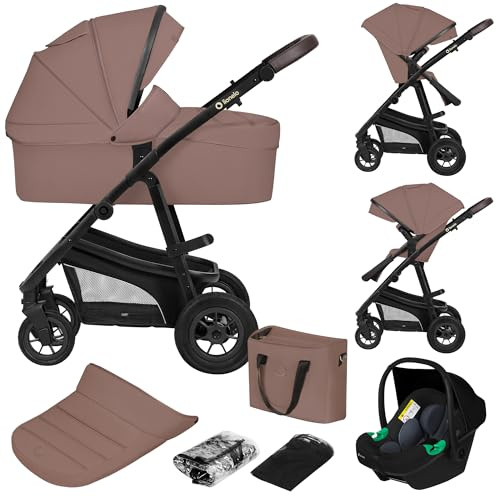 LIONELO Bianka 3‑i‑1 Barnvagn Resesystem med Gondol och Babyskydd, Vändbar | Hopfällbar, Pompade 360° Hjul, Justerbart Handtag, UPF50+ Solskydd, För Nyfödda upp till 22 kg