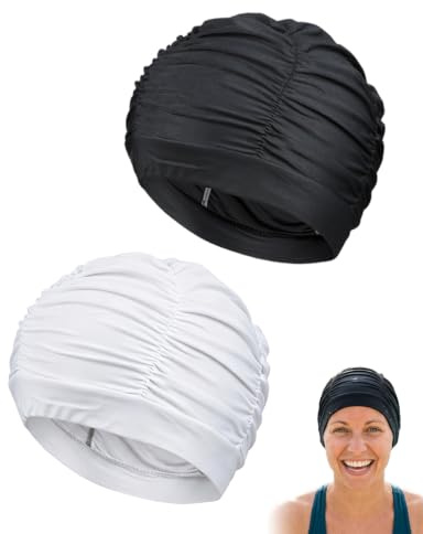 KRVNTH Lot de 2 Bonnets de Bain Plissés, Bonnet de Natation Élastique Polyester pour Cheveux Longs, Confort Sans Tension, Noir & Blanc, Durable pour Adulte Enfant Femme Homme Piscine