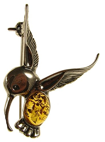 Baltic amber and sterling silver 925 cognac hummingbird brooch pin