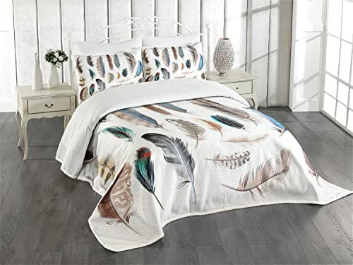 ABAKUHAUS Gefieder Tagesdecke Set, Vogel Körperfedern Set, Set mit Kissenbezug Klare Farben, für Einzelbetten 170 x 220 cm, Weiß Smaragdgrün