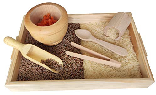 GERILEO Küchen-Zubehör-Set aus Holz – Umsetzer Montessori – Tablett mit Zange, Löffel, Mörser, Schaufeln (6 stück)