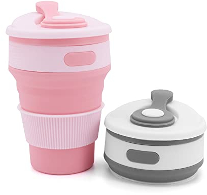 Beowanzk 2 Pcs Collapsible Silicone Coffee Cup with Lids (350 ml), Portable Travel Mugs for Hot Drinks, Reusable Coffee Cups