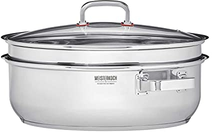 MEISTERKOCH Bräter Induktion mit Glasdeckel & Dämpfeinsatz 3-teilig 38 x 26,5 cm