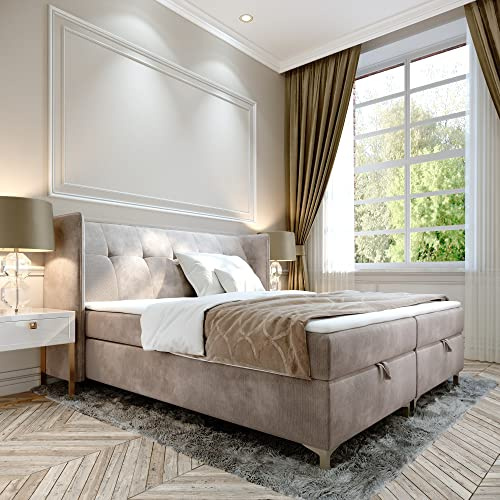 FURNISTAR Boxspringbett Doppelbett LIND - 160x200cm Bett mit Bonellmatratze, mit Bettkasten für Bettwäsche und Topper. EIN Bett mit einem klassischen, konturierten Kopfteil (Velvet 06, 160x200)