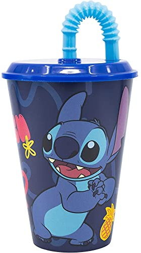Bicchiere con cannuccia, Stitch, Disney, bicchiere per bambini, plastica riutilizzabile semirigida, BPA Free, capacità 430 ml