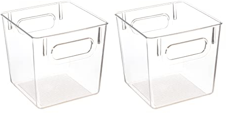 Amtido Clear Plastic Storage Bins for Fridge-Freezer, Cupboard, and Pantry Tidy - Kitchen Organiser for Food, Fruit, Vegetable, Cleaning Products & Household Items (2-Pack - Compact 15.5cm x 15.5cm)