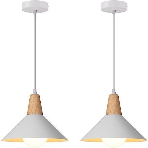 AWEKLIY Lampada a Sospensione Retrò LED Lampada a Soffitto in Legna Metallo Moderna Lampadario a Scandinavo Plafoniera per Soggiorno Sala Da Pranzo Camera,25cm (Bianco 2 Pezzi)