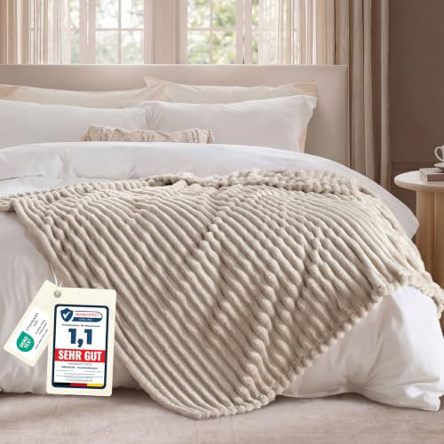 BEDSURE kuscheldecke 220x240 - Tagesdecke, Wolldecke & Fleecedecke, Sofadecke, Weiche Warme Grobe Korddecke für Zimmer Deko, Wohn- & Kuscheldecken, XXL Große Decke, Beige, 220 x 240 cm
