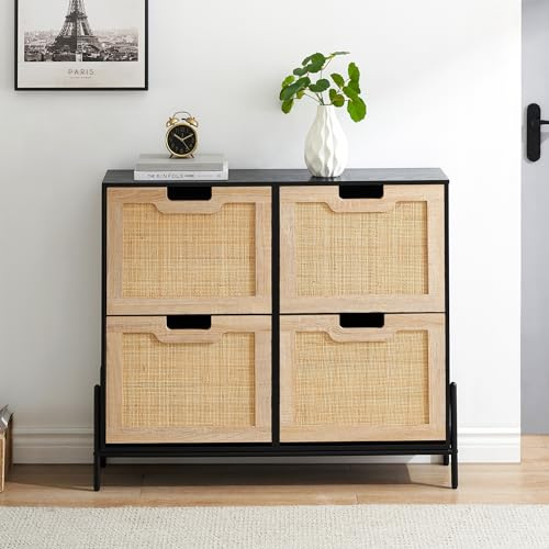 IDEALHOUSE Natural Rattan 4 Flip Door Shoe Cabinet Organizer Freestanding, Shoe Rack Storage Cabinet for Entryway with 3-Tier Adjustable Shelves for Slippers, Sneakers, Heels, Boots