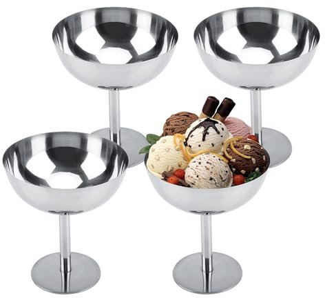 4 Stück Eisbecher Ø 10cm 200ml Edelstahl Dessertschale Cocktail Gläser Dessertschale mit Fuß, Ice Cream Sundae Dessertgläser für Obst Salat Joghurt und Fruchtpudding, für Hochzeiten, Partys(Tall)