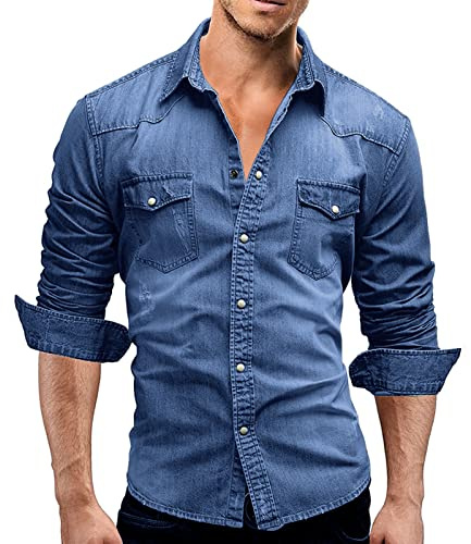 Rodawu Camisa de Mezclilla para Hombre Camisa de Algodón Elástico Camisa de Vaquero Camisa de Botón Abajo Camisa Casual Camisa de Mezclilla Chaqueta Camisa de Ajuste Muscular, azul celeste, M