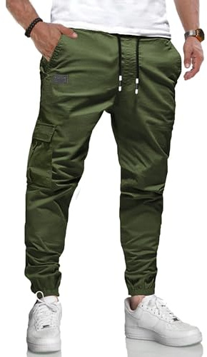 LIUPMWE Joggers for Men Cotton Casual Mens Work Trousers Tracksuit Elastic Cargo Pants Waist with Drawstring Pockets Sweatpants