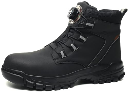 PENXZT Safety Trainers Mens Womens Steel Toe Cap Boots Work Shoes with Rotary Button Breathable Non Slip Industrial Work Boots Puncture Proof Industrial Sneakers,Black,9.5 UK