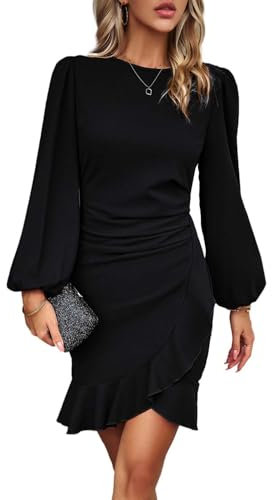 HUXRAKV Femme Elégante Robe d'affaires Manches Longues Bodycon Vintage Ruffle Manches Robe Midi de Soirée Formelle,WD21-Noir,L