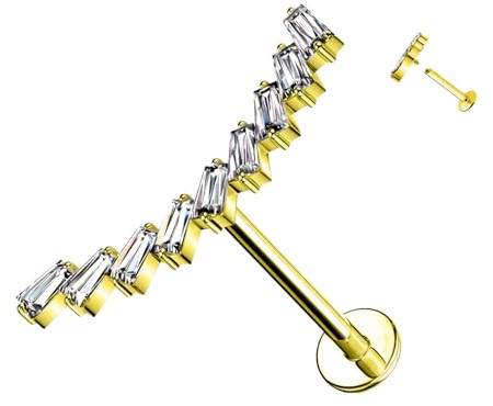 AWAKEN Piercing Labret in Titanio a forma di nove Baguette Cristalli Rettangolari e con Filettatura Interna PWC-056 Oro Trasparente