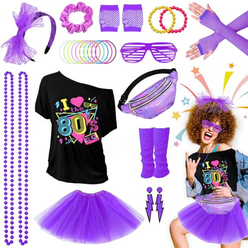 Set da donna anni '80, costume da donna Daman, costume da 80, 28 pezzi, 80 costumi accessori con maglietta, tutu, borsa da cintura, guanti a rete, 80 anni, abbigliamento al neon, costume da donna, per
