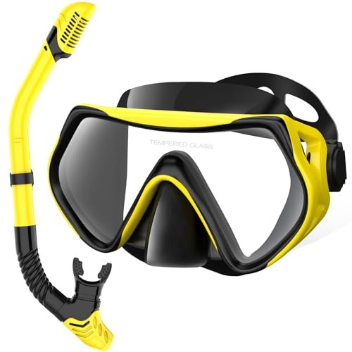 LITTLEJSY Juego de esnórquel para adultos, con gafas antivaho y tubo seco, máscara de buceo profesional, máscara de buceo de cristal templado para esnórquel (amarillo)