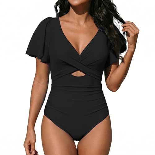 SNUOEN Femme Maillot de Bain Une Pièce Wrap Dos Nu Croisé Col V Monokini Push Up Maillot de Bain à Lacets à Volants