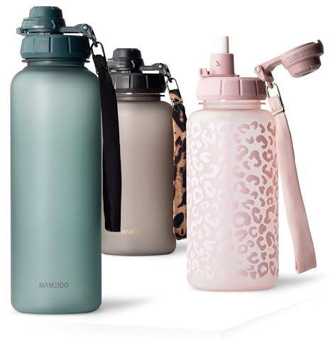 MAMEIDO Trinkflasche 1,5l mit Strohhalm & Zeitmarkierung als Trinkerinnerung, Wasserflasche auslaufsicher, Sportflasche BPA-frei, Gym Water Bottle, Flasche aus Tritan (Ocean Bloom, 1500ml)